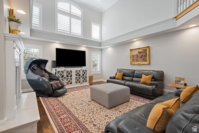 34 N Scenic Hills Cir E, North Salt Lake, UT 84054 - living area featuring a high ceiling, dark wood-type flooring, crown molding, plenty of natural light, and baseboards