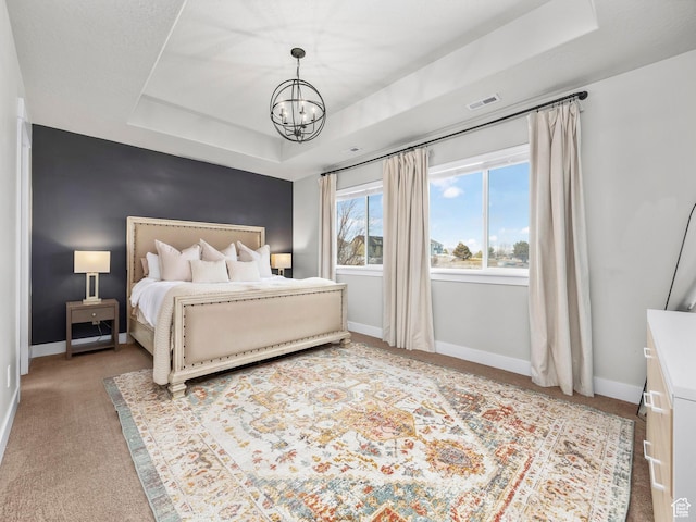 1463 S Lake View Terrace Rd, Saratoga Springs, UT 84045 - carpeted bedroom featuring an inviting chandelier, visible vents, a tray ceiling, and baseboards