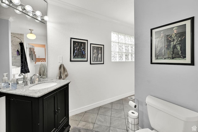 59 Belmore Dr, Kaysville, UT 84037 - full bath featuring baseboards, toilet, tile patterned floors, crown molding, and vanity