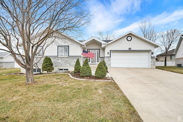59 Belmore Dr, Kaysville, UT 84037 - ranch-style home with stucco siding, concrete driveway, a garage, stone siding, and a front lawn