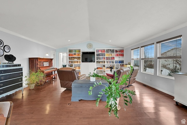 59 Belmore Dr, Kaysville, UT 84037 - living room featuring crown molding, visible vents, vaulted ceiling, wood finished floors, and baseboards