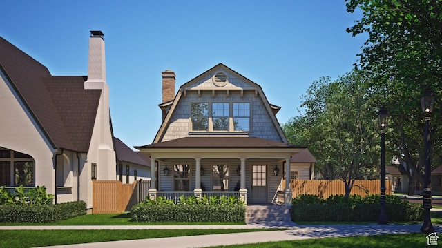 view of front of home featuring a porch, fence, and a chimney