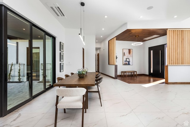 dining area featuring marble finish floor, baseboards, visible vents, and recessed lighting