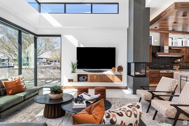living room with a multi sided fireplace