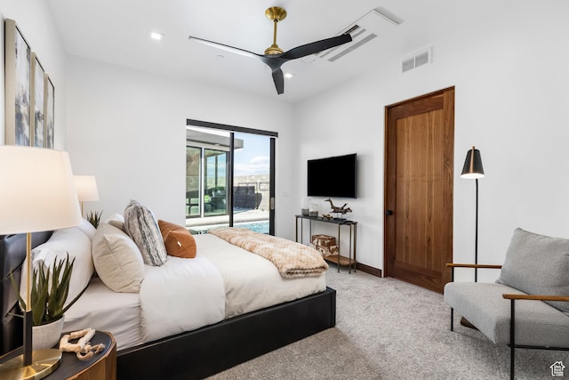 bedroom with light carpet, visible vents, a ceiling fan, access to exterior, and recessed lighting
