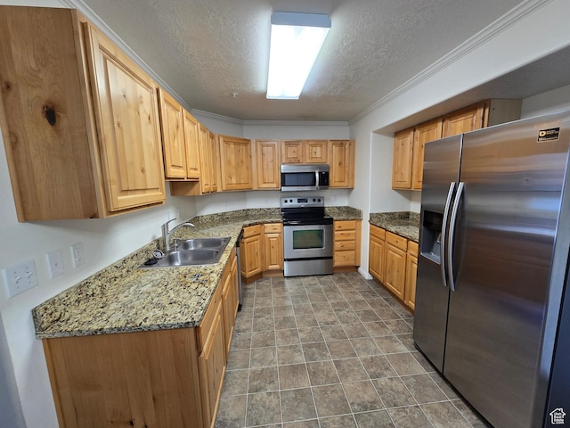 8204 N Cedar Springs Rd E Unit U-12, Eagle Mountain, UT 84005 - kitchen featuring a textured ceiling, crown molding, appliances with stainless steel finishes, a sink, and light brown cabinetry