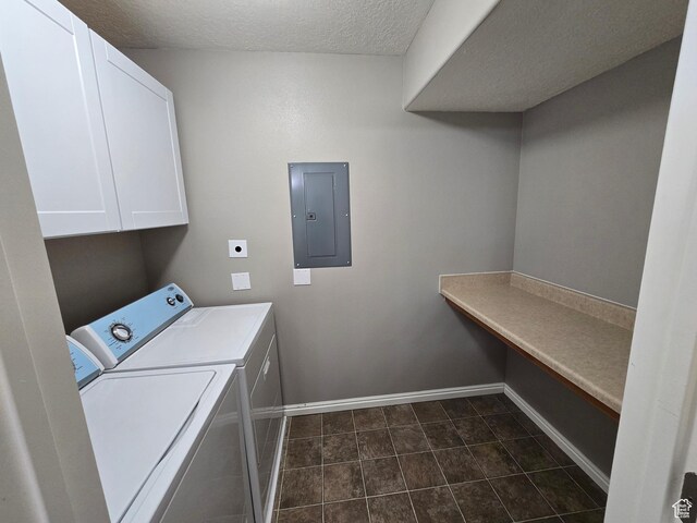 8204 N Cedar Springs Rd E Unit U-12, Eagle Mountain, UT 84005 - washroom with baseboards, electric panel, a textured ceiling, cabinet space, and dark tile patterned flooring