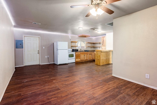 170 S 500 E, Duchesne, UT 84021 - kitchen featuring dark wood-style floors, open shelves, white appliances, and visible vents