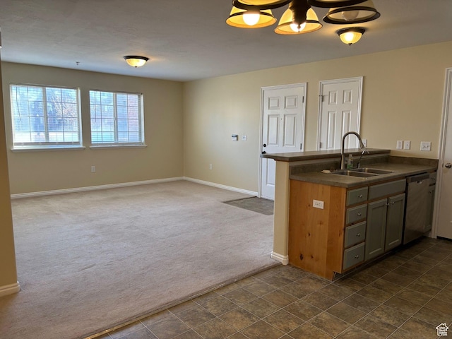 1829 W 1120 S Unit 128, Springville, UT 84663 - kitchen with a peninsula, a sink, open floor plan, dishwasher, and dark colored carpet