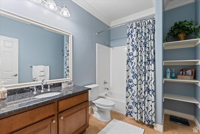 full bathroom with toilet, tile patterned floors, vanity, ornamental molding, and shower / tub combo with curtain