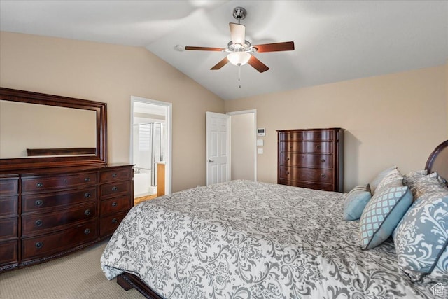 bedroom featuring light carpet, ceiling fan, and lofted ceiling