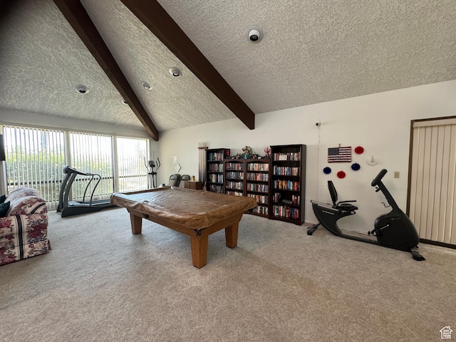 1526 N Dixie Downs Rd N 36, St George, UT 84770 - playroom featuring carpet, billiards, lofted ceiling with beams, and a textured ceiling