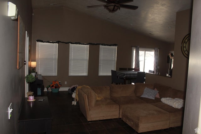 1338 S Glenbarr W, Springville, UT 84663 - living area with a ceiling fan, vaulted ceiling, and dark tile patterned floors