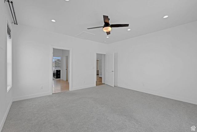 680 E 525 N, Providence, UT 84332 - unfurnished bedroom with connected bathroom, a ceiling fan, recessed lighting, light carpet, and baseboards