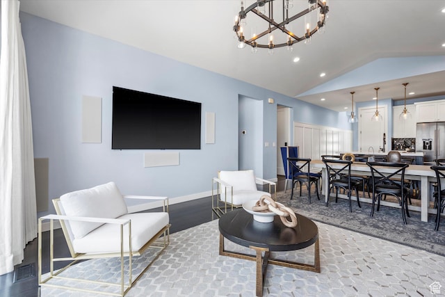 1313 E Daffodil Ct, Layton, UT 84040 - living area with recessed lighting, a notable chandelier, wood finished floors, baseboards, and vaulted ceiling