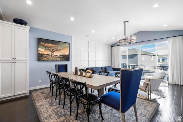 1313 E Daffodil Ct, Layton, UT 84040 - dining room with dark wood-style floors, recessed lighting, vaulted ceiling, a chandelier, and baseboards