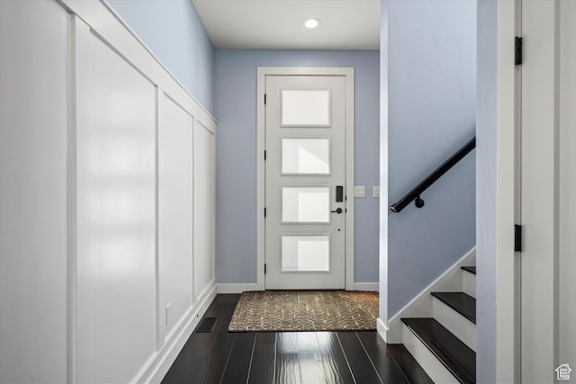 1313 E Daffodil Ct, Layton, UT 84040 - entryway featuring dark wood-type flooring, stairway, visible vents, and baseboards