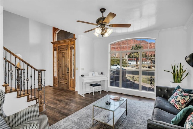 470 E 130 S, Ivins, UT 84738 - living room with a ceiling fan, dark wood-style flooring, visible vents, and stairway