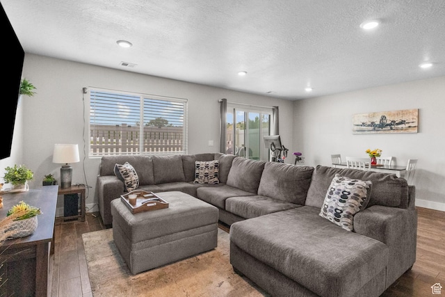 6471 S Aspen Ln, South Weber, UT 84405 - living room with a textured ceiling, wood finished floors, recessed lighting, and baseboards