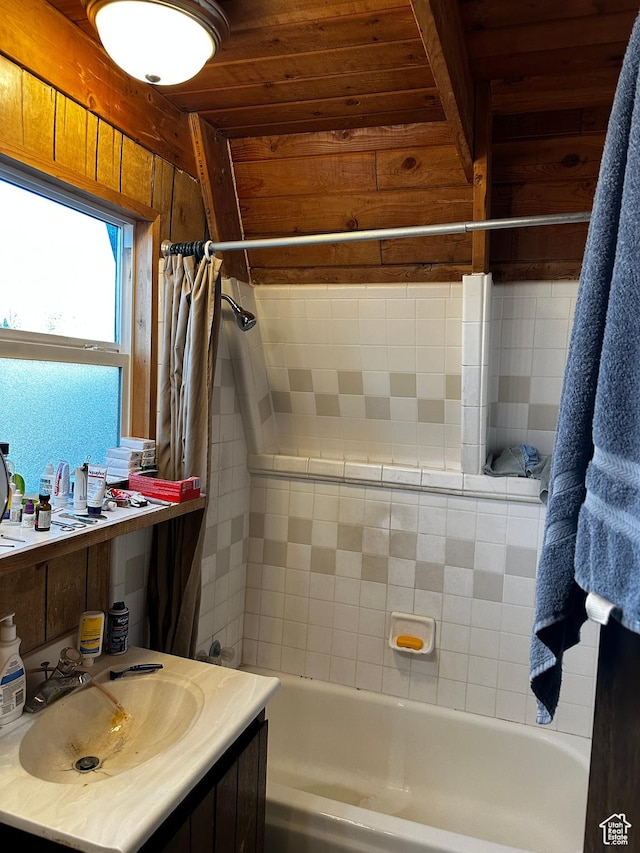 297 E Solomons Way, Manila, UT 84046 - bathroom featuring wooden ceiling, shower / bath combination with curtain, and vanity