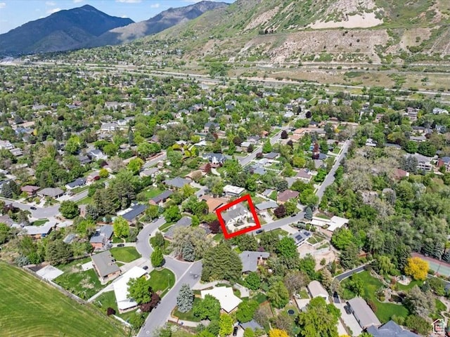 birds eye view of property featuring a mountain view