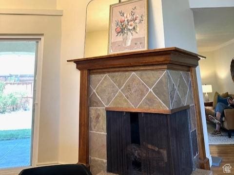 room details with a tile fireplace and wood finished floors