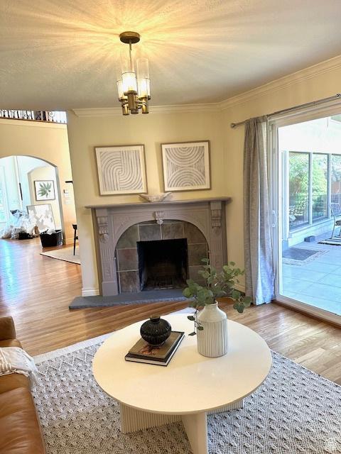 living room with crown molding, wood finished floors, and a fireplace