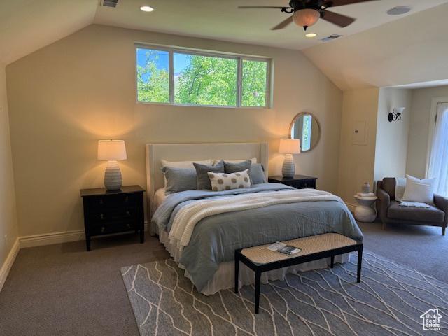 carpeted bedroom with a ceiling fan, visible vents, baseboards, lofted ceiling, and recessed lighting