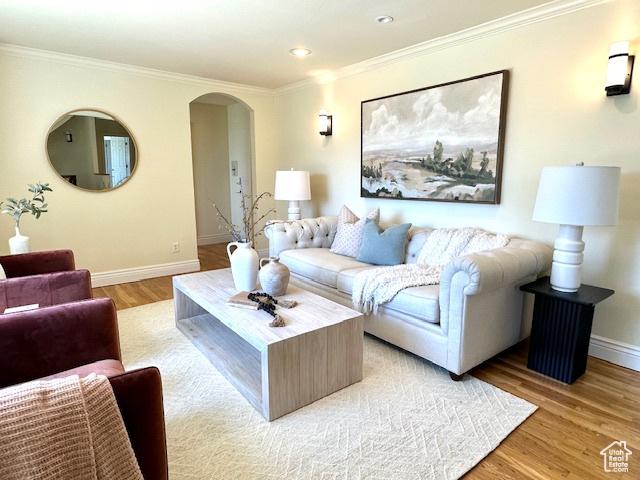 living area with recessed lighting, baseboards, ornamental molding, light wood finished floors, and arched walkways