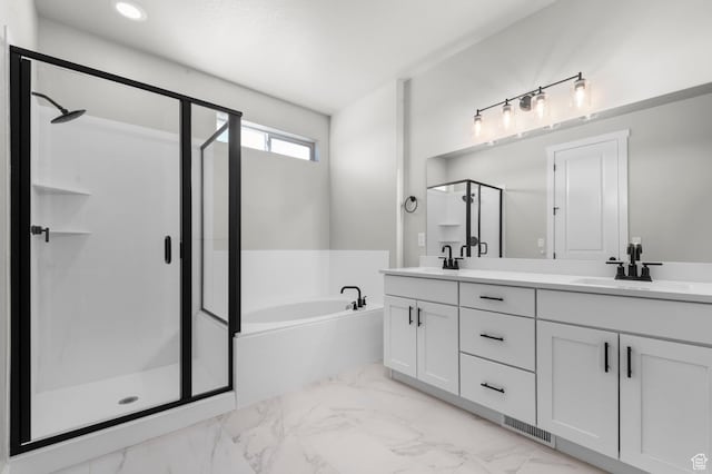 3707 W 2600 N, Lehi, UT 84043 - bathroom featuring a stall shower, a bath, marble finish floor, and a sink