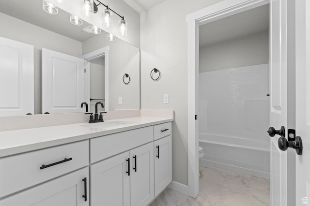 3707 W 2600 N, Lehi, UT 84043 - full bathroom with vanity, toilet, baseboards, and marble finish floor