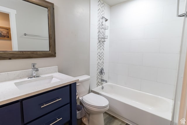 bathroom with shower / tub combination, vanity, toilet, and wood finished floors