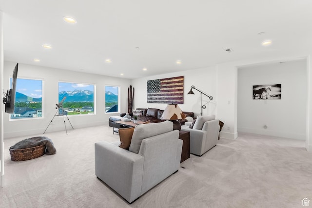 615 N Haystack Mountain Dr, Heber City, UT 84032 - living area featuring recessed lighting, light carpet, visible vents, and baseboards
