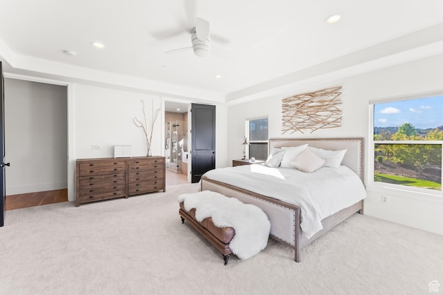 615 N Haystack Mountain Dr, Heber City, UT 84032 - bedroom featuring light carpet, a raised ceiling, a ceiling fan, and recessed lighting