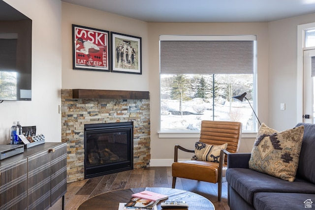 living area with dark wood-style floors, a stone fireplace, and baseboards