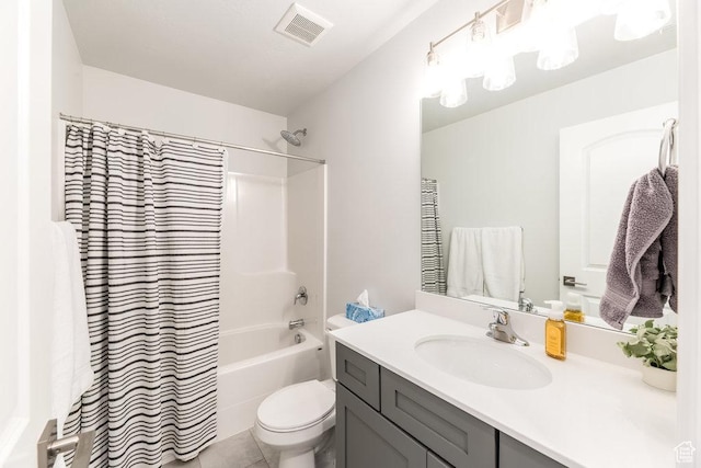 full bath featuring toilet, vanity, visible vents, and shower / bathtub combination with curtain