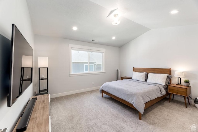 bedroom with light carpet, baseboards, visible vents, vaulted ceiling, and recessed lighting