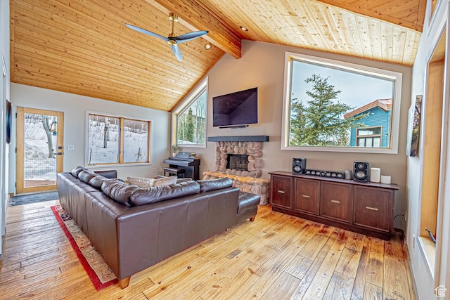 4414 Hidden Cove Rd, Park City, UT 84098 - living room with lofted ceiling with beams, light wood finished floors, wooden ceiling, and plenty of natural light