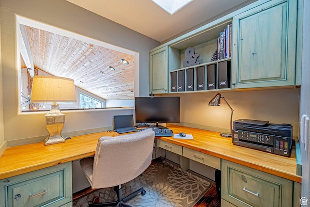 4414 Hidden Cove Rd, Park City, UT 84098 - home office featuring wooden ceiling, built in study area, vaulted ceiling, and baseboards