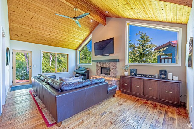 4414 Hidden Cove Rd, Park City, UT 84098 - living area with a ceiling fan, wood ceiling with exposed beams, light wood-style floors, a stone fireplace, and high vaulted ceiling