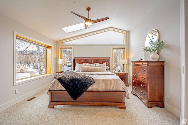 4414 Hidden Cove Rd, Park City, UT 84098 - bedroom featuring light colored carpet, vaulted ceiling with skylight, visible vents, and baseboards