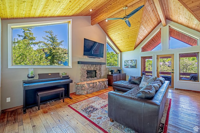 4414 Hidden Cove Rd, Park City, UT 84098 - living area with a fireplace, hardwood / wood-style flooring, a ceiling fan, wood ceiling, and baseboards