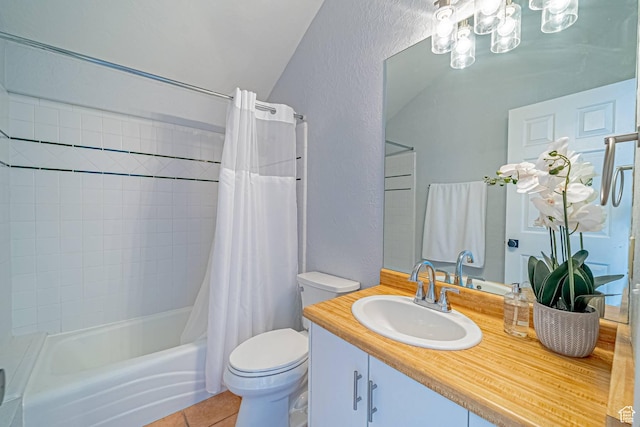 4414 Hidden Cove Rd, Park City, UT 84098 - full bathroom featuring a textured wall, toilet, shower / tub combo, vanity, and tile patterned floors
