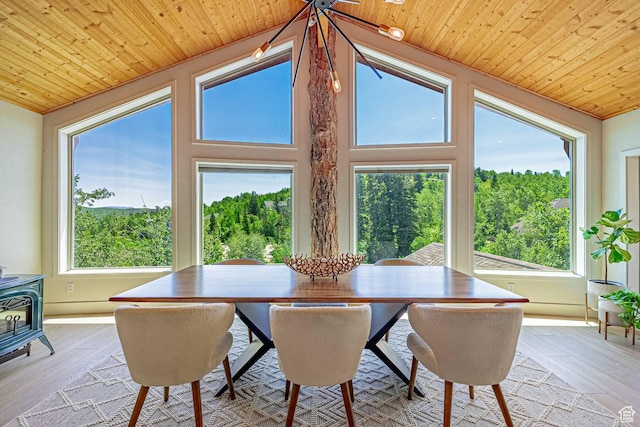 4414 Hidden Cove Rd, Park City, UT 84098 - dining space with wooden ceiling, a wood stove, healthy amount of natural light, vaulted ceiling, and light wood-style floors
