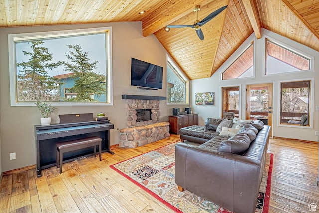 4414 Hidden Cove Rd, Park City, UT 84098 - living room with light wood-type flooring, a fireplace, a ceiling fan, and beamed ceiling