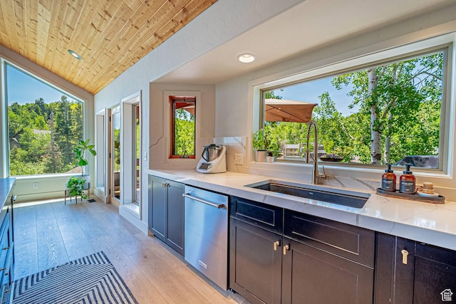 4414 Hidden Cove Rd, Park City, UT 84098 - kitchen with stainless steel dishwasher, a sink, wooden ceiling, light wood-style floors, and light stone countertops