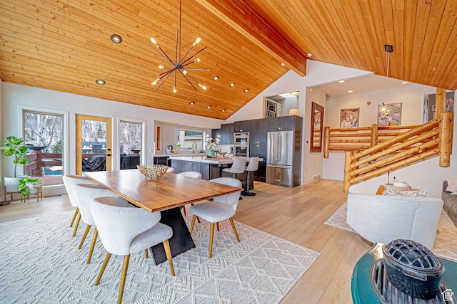 4414 Hidden Cove Rd, Park City, UT 84098 - dining room with vaulted ceiling with beams, recessed lighting, wood ceiling, a chandelier, and light wood-type flooring