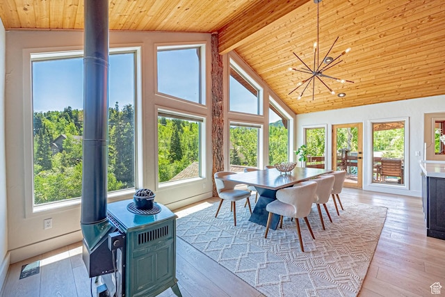 4414 Hidden Cove Rd, Park City, UT 84098 - sunroom featuring a wood stove and a chandelier