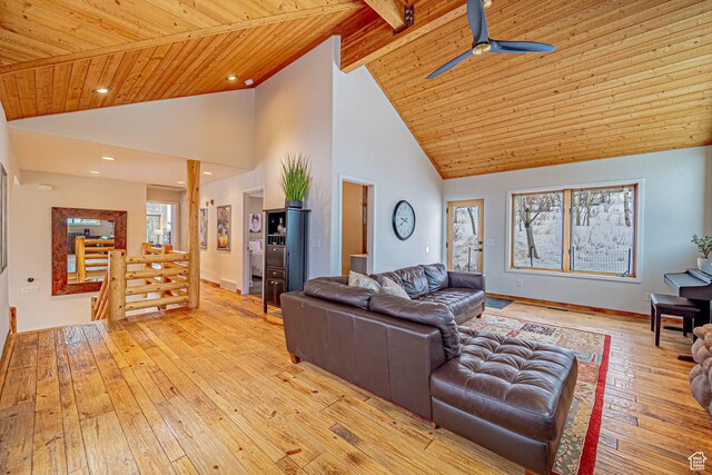 4414 Hidden Cove Rd, Park City, UT 84098 - living area featuring high vaulted ceiling, wooden ceiling, light wood-style flooring, and baseboards