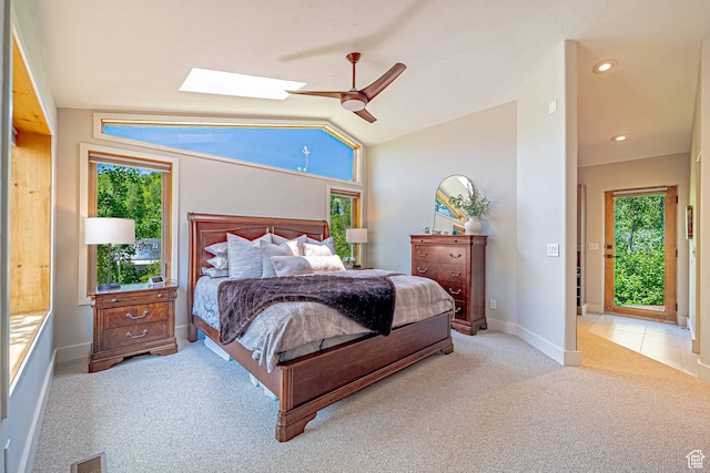 4414 Hidden Cove Rd, Park City, UT 84098 - bedroom with a skylight, light carpet, vaulted ceiling, multiple windows, and baseboards